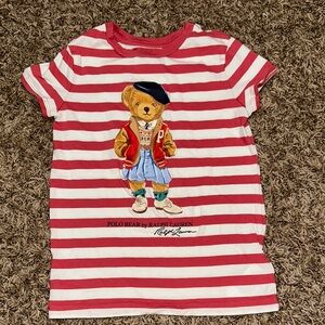 Ralph Lauren Red and White Striped Polo Bear Tee